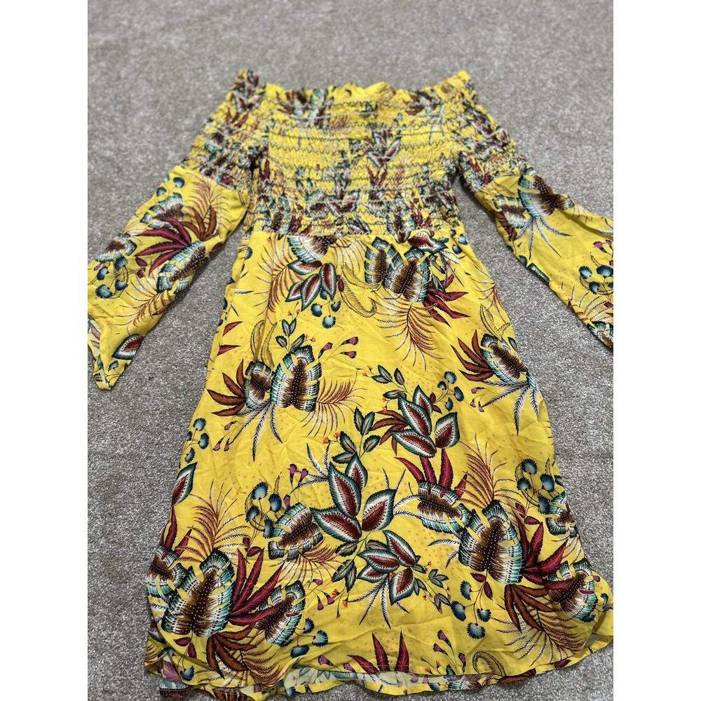 Anthropologie Farm Rio Bria Smocked Mini Dress Yellow Tropical Print Size S - Picture 2 of 7